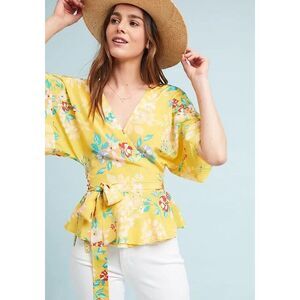 Anthropologie Yumi Kim Silk Yellow Floral Wrap Blouse Top Sz Small Feminine